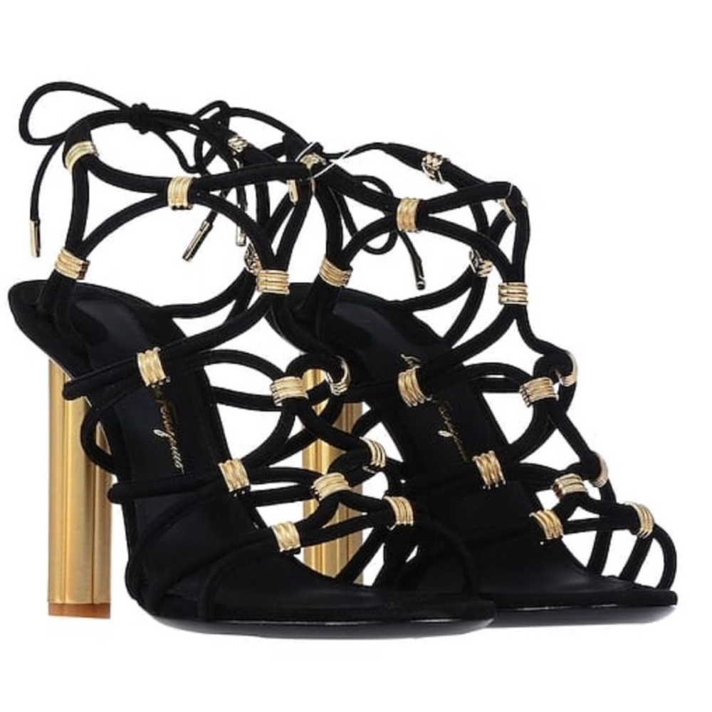 Salvatore Ferragamo Black and Gold Strappy Heels